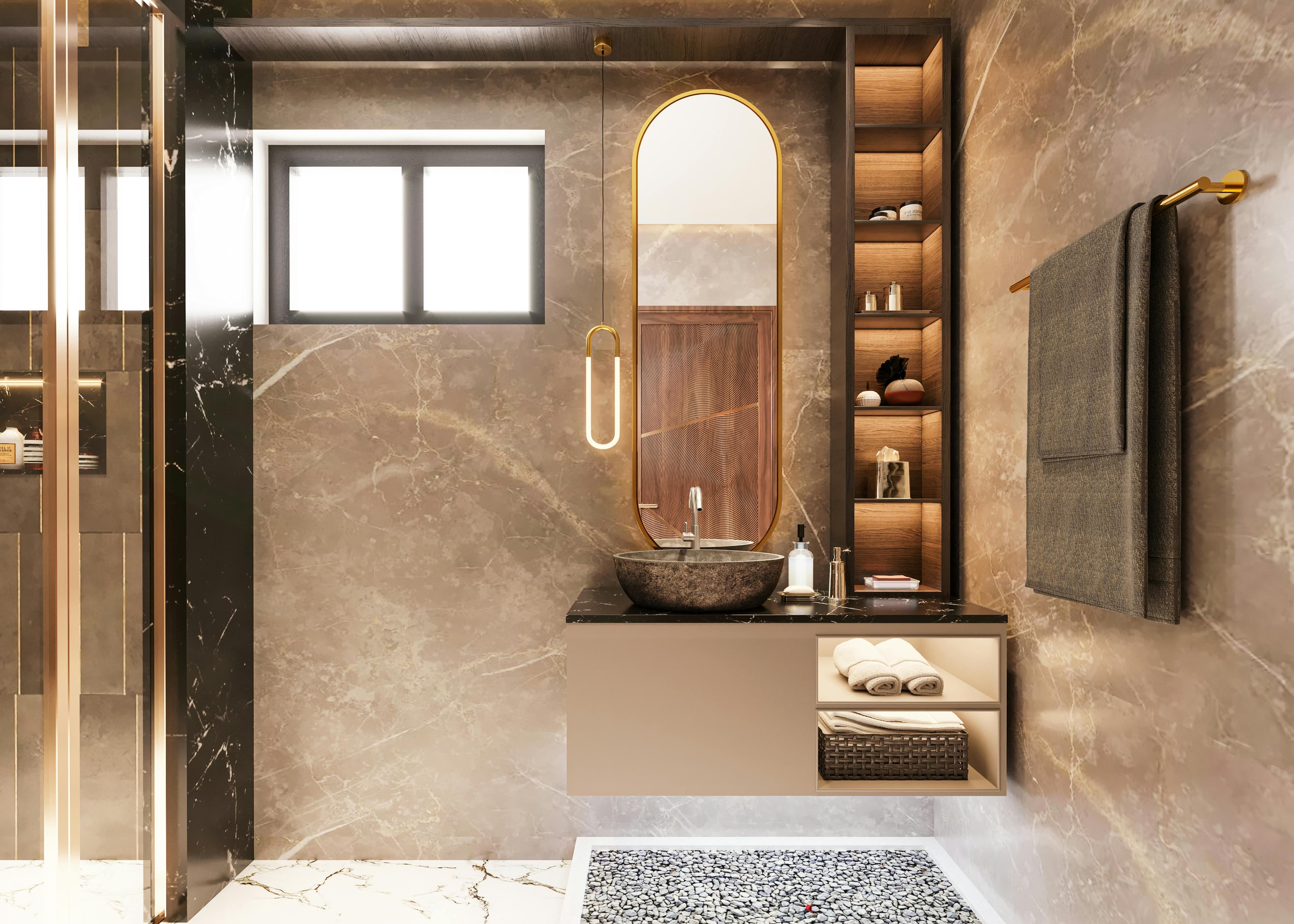A polished luxury bathroom with custom tilework and premium fixtures.